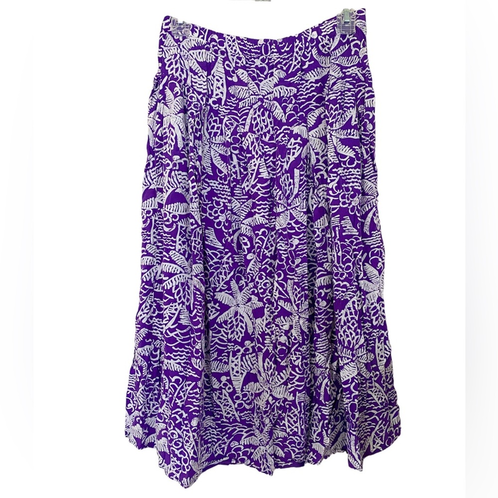 Vintage By Krush Purple & White Tropical Palm Trees Rayon Pull On Midi S…